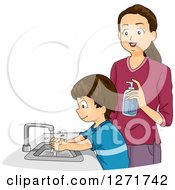Poster, Art Print Of Brunette White Mother Supervising Her Son As He Washes His Hands