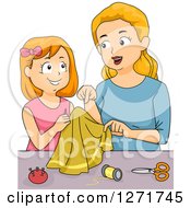 Poster, Art Print Of Blond White Mother And Red Haired Daughter Sewing