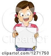 Clipart Of A Happy Brunette White Girl Holding A Crayon And Blank Board Royalty Free Vector Illustration