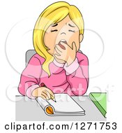 Poster, Art Print Of Tired Blond White School Girl Yawning While Writing At Her Desk