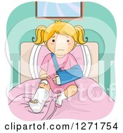 Poster, Art Print Of Sad Blond White Girl With A Broken Leg And Arm Sitting On A Bed