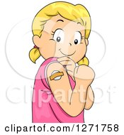 Clipart Of A Proud Blond White Girl Showing A Bandage Over Where She Was Just Vaccinated Royalty Free Vector Illustration