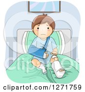 Poster, Art Print Of Sad Brunette White Boy With A Sling And Cast In A Hospital Bed