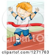 Poster, Art Print Of Successful Red Haired White Boy Breaking Through A Winner Ribbon On A Race Track
