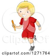 Happy Blond White Boy Running With A Baton In A Relay Race