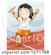 Poster, Art Print Of Happy Asian Girl Winning A Baton Relay Race