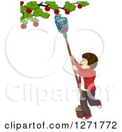 Brunette White Boy Using A Fruit Picker To Remove Apples From A Tree
