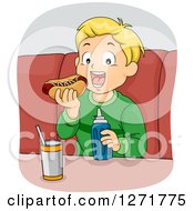 Happy Blond Haired White Boy Eating A Hot Dog