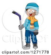 Clipart Of A Happy Black Boy With An Ice Hockey Stick Royalty Free Vector Illustration