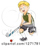 Clipart Of A Blond White Field Hockey Player Boy In Action Royalty Free Vector Illustration
