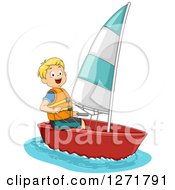 Poster, Art Print Of Blond Caucasian Boy Sailing A Boat