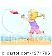 Playful Blond White Girl Catching A Frisbee On A Beach