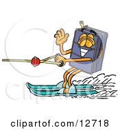 Clipart Picture Of A Suitcase Cartoon Character Waving While Water Skiing by Toons4Biz