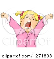 Tired Blond White Girl Stretching And Yawning