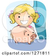 Poster, Art Print Of Happy Blond White Girl With A Piggy Bank