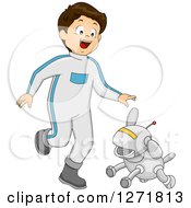 Poster, Art Print Of Futuristic Happy Brunette Caucasian Boy Walking With A Robot Dog