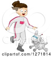 Happy Brunette Futuristic White Girl Playing With A Robot Dog