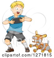 Poster, Art Print Of Happy Blond White Boy Controlling A Robot Dog