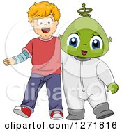 Poster, Art Print Of Happy Blond Caucasian Boy With An Alien Friend