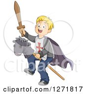 Happy Blond Caucasian Boy Knight Riding A Stick Pony