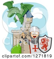 Poster, Art Print Of Dragon Flying Over A Cheering Caucasian Knight Boy And A Castle