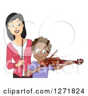 Happy Asian Female Music Teacher And A Black Male Student Playing A Violin