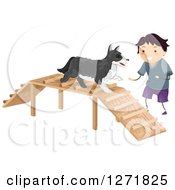 Clipart Of A Brunette Stick Boy Cheering On His Dog On An Agility Ramp Course Royalty Free Vector Illustration