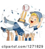Clipart Of A Blond White Baseball Player Boy Holding A Trophy And Being Carried By His Team Royalty Free Vector Illustration