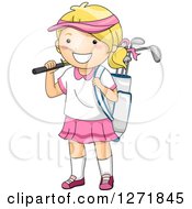 Poster, Art Print Of Happy Blond White Girl With A Golf Bag