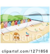 Poster, Art Print Of Beach With A Lifeguard Stand Chaise Lounges And Cabins