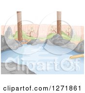 Clipart Of A Bamboo Pipe Dripping Water Into A Natural Hot Spring Royalty Free Vector Illustration
