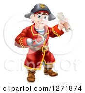 Clipart Of A Happy Young Male Pirate Captain With A Hook Hand Holding A Rolled Treasure Map Royalty Free Vector Illustration by AtStockIllustration