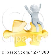 Poster, Art Print Of 3d Successful Silver Man Cheering And Sitting On A Golden Puzzle Piece