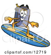 Suitcase Cartoon Character Surfing On A Blue And Yellow Surfboard by Mascot Junction