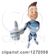 Clipart Of A 3d Young Brunette White Male Super Hero In A Dark Blue Suit Holding Up A Thumb Royalty Free Illustration