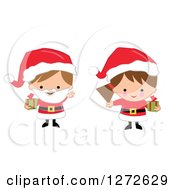 Clipart Of Caucasian Christmas Children Wearing Santa Suits And Holding Gifts Royalty Free Vector Illustration