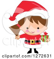 Poster, Art Print Of Caucasian Christmas Girl Wearing A Santa Suit And Holding A Gift