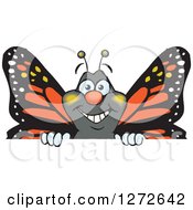 Clipart Of A Happy Monarch Butterfly Peeking Over A Sign Royalty Free Vector Illustration