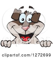 Clipart Of A Happy Two Toned Brown Dog Peeking Over A Sign Royalty Free Vector Illustration