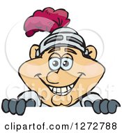 Clipart Of A Happy Caucasian Male Knight Peeking Over A Sign Royalty Free Vector Illustration