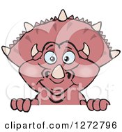 Poster, Art Print Of Happy Pink Triceratops Dinosaur Peeking Over A Sign
