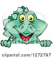 Happy Green Stegosaur Dinosaur Peeking Over A Sign