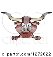 Clipart Of A Happy Longhorn Bull Peeking Over A Sign Royalty Free Vector Illustration