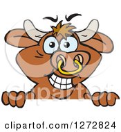 Poster, Art Print Of Happy Brown Bull Peeking Over A Sign