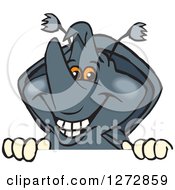 Clipart Of A Happy Rhino Beetle Peeking Over A Sign Royalty Free Vector Illustration