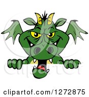 Clipart Of A Green Dragon Peeking Over A Sign Royalty Free Vector Illustration