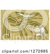 Poster, Art Print Of Woodcut People Looking At A Map In Front Of A Museum Pterosaurs Skeleton