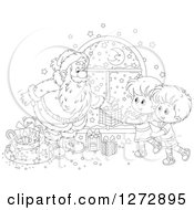 Clipart Of A Black And White Santa Giving Gifts To Children On Christmas Eve Royalty Free Vector Illustration