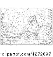 Poster, Art Print Of Black And White Santa Pulling A Sack On A Sled Through The Snow On Christmas Eve