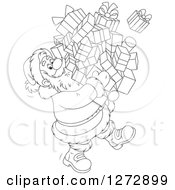 Clipart Of A Black And White Santa Claus Carrying A Huge Pile Of Christmas Gifts Royalty Free Vector Illustration